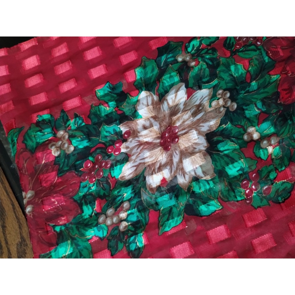 Women's Sheer Checkered Poinsettia Floral Christmas Scarf 12.5" X 58" Nice - Picture 3 of 8